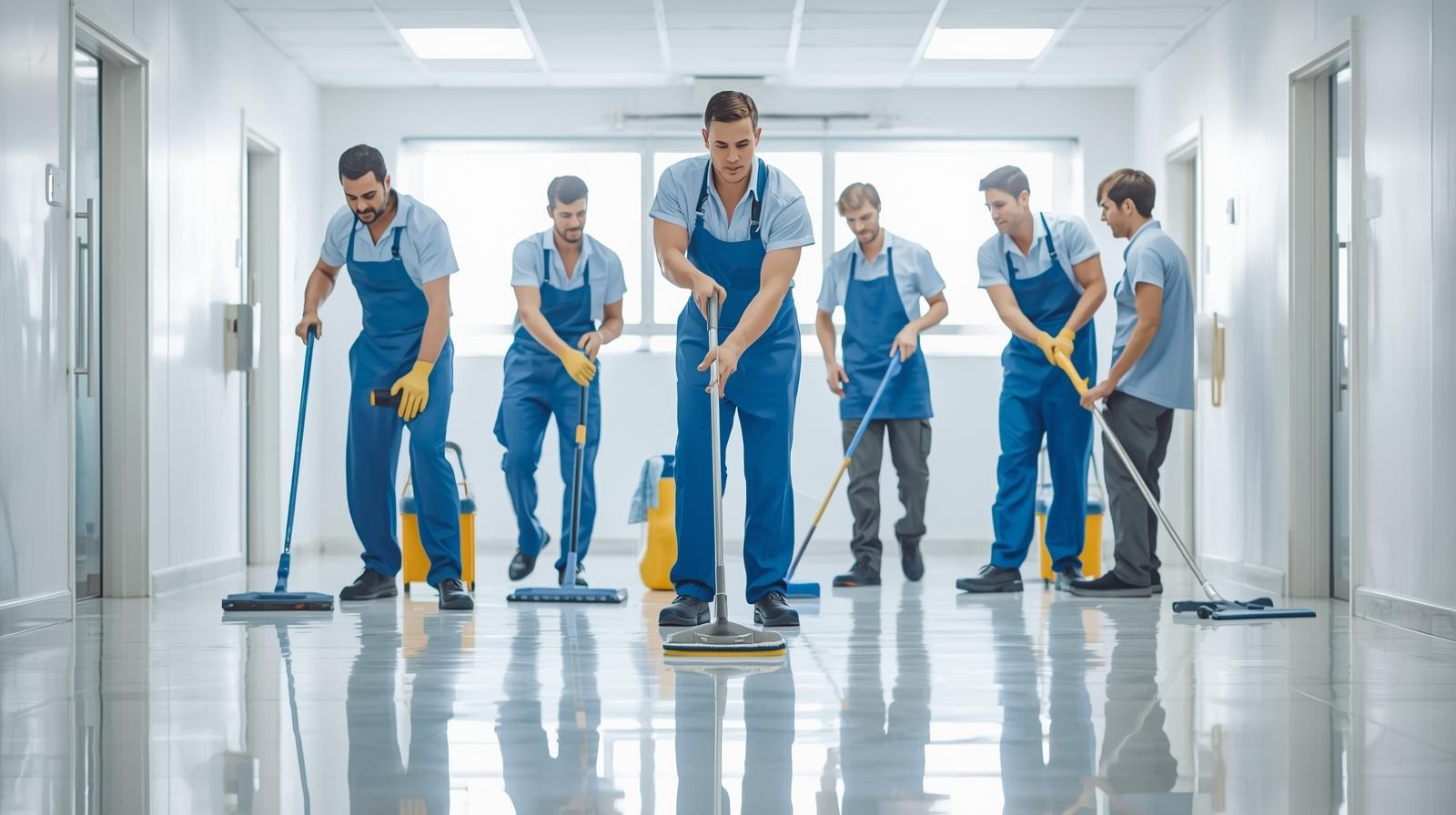 A diverse group of Caucasian men, all appearing to be professional cleaners, are depicted in a well-lit, clean environment. The image showcases them in action, perhaps in the process of polishing floors (2)